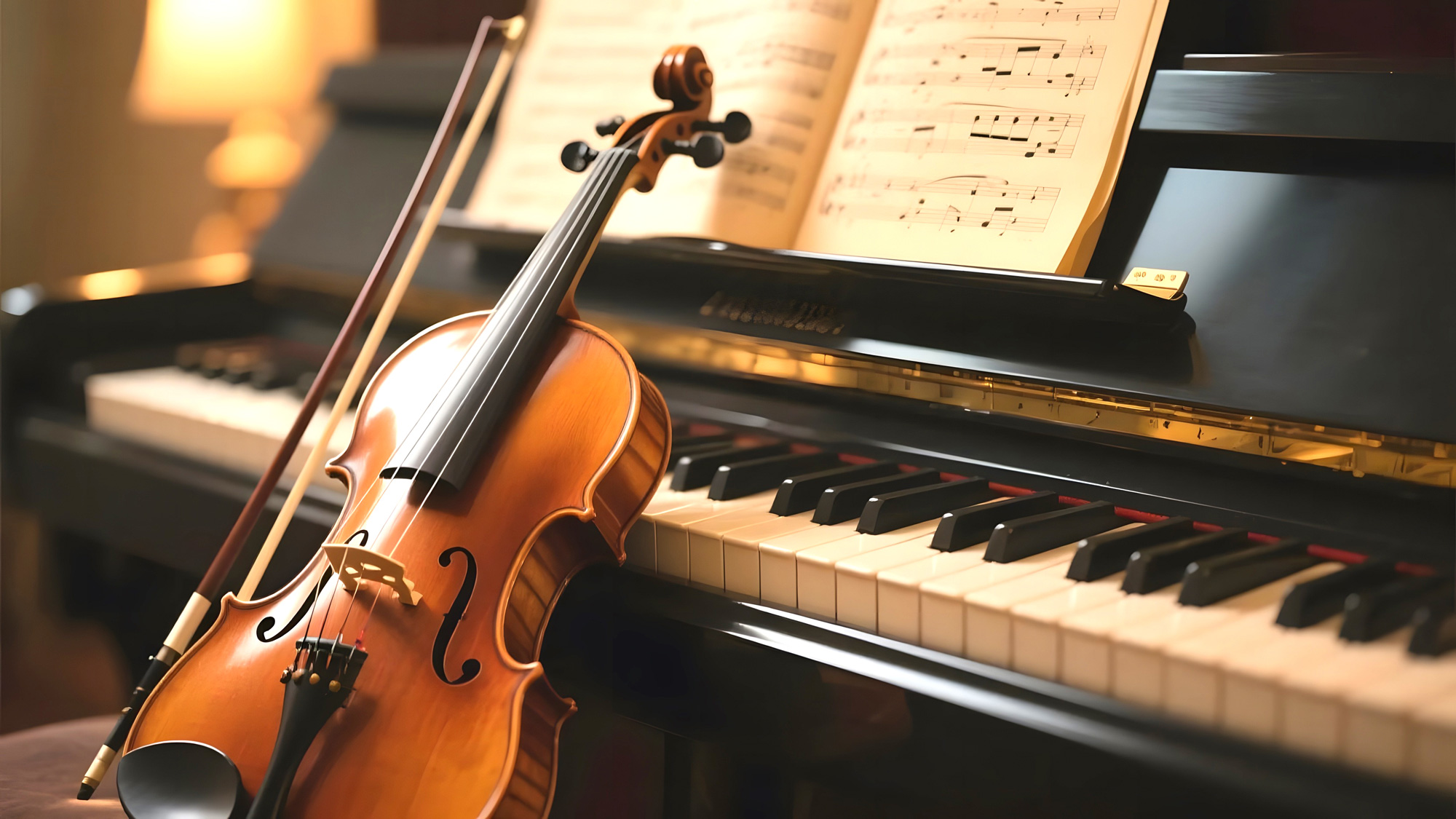 Eine Geige mit Geigenbogen anlehnend an ein Klavier inklusive Notenblätter