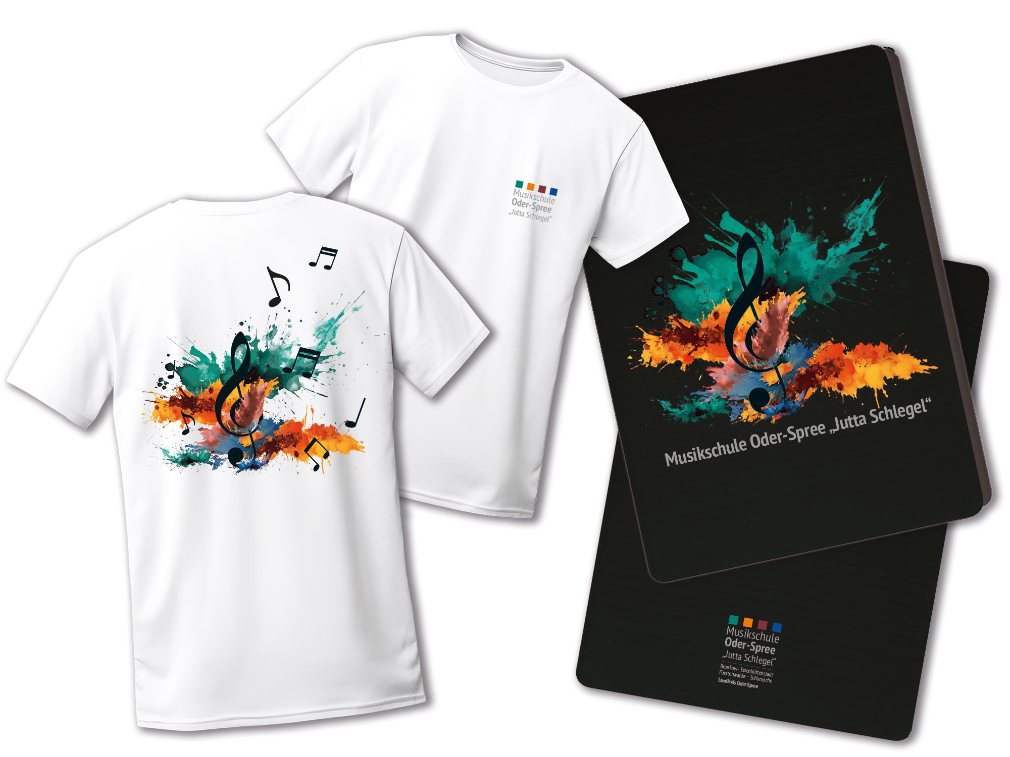 Mit Notenschlüssel und Musikschullogo bedruckte T-Shirts und Notenmappen.
